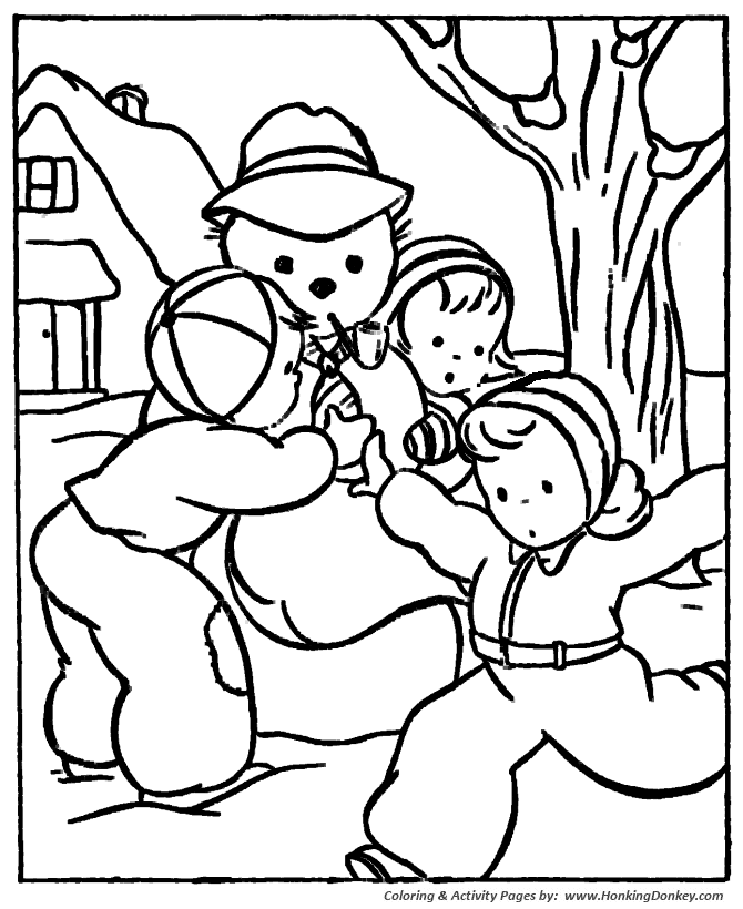 Winter Season Coloring page | Kids Building Smowman