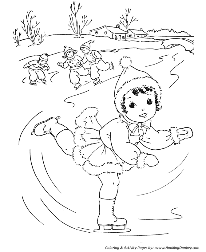 Kids in Winter Activities Coloring page | Ice Skating on the Stream