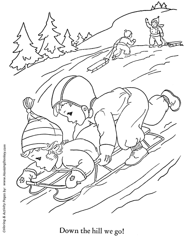 Kids in Winter Activities Coloring page | Kids Sledding
