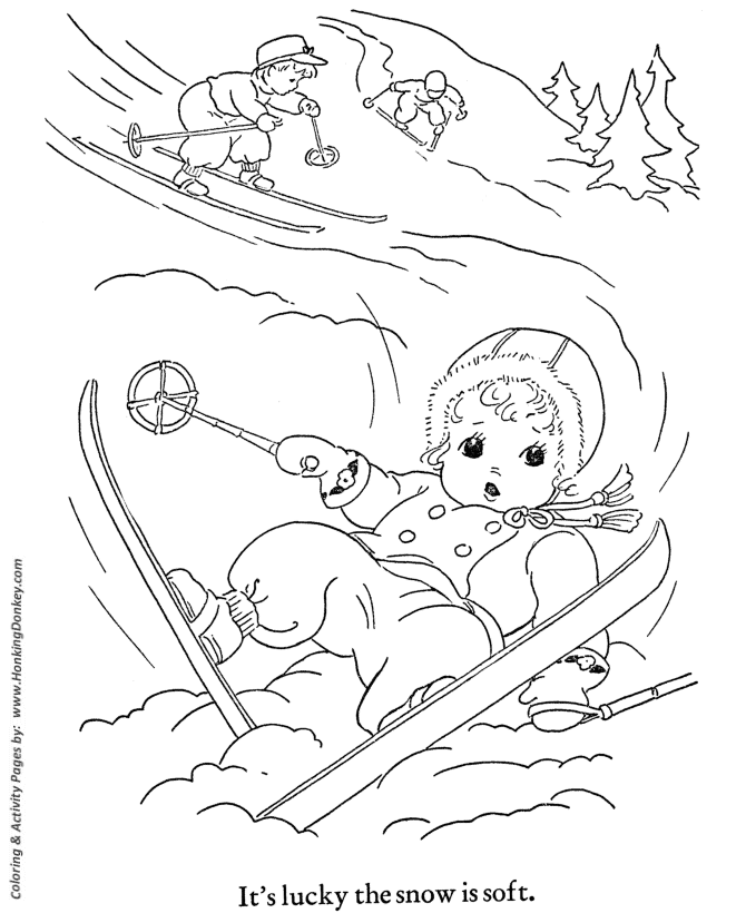 Kids in Winter Activities Coloring page | Downhill Skiing
