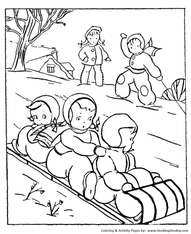 Kids in Winter Activities Coloring page | Toboggan Sledding