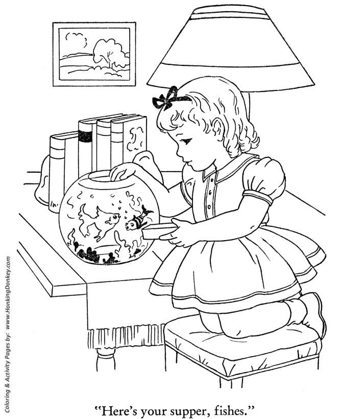 Winter Season Coloring page | Feeding the fish