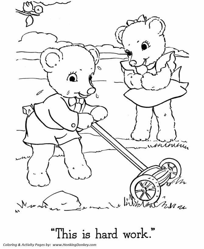 Teddy Bear Coloring pages | Boy Teddy Bear mowing the Lawn