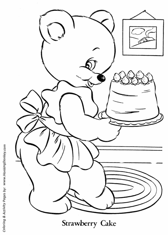 Teddy Bear Coloring pages | Momma Bear with strawberry cake