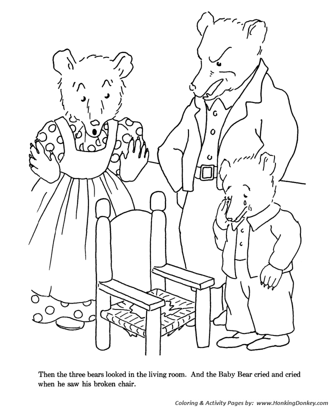 Goldielocks and the Three Bears Coloring pages | Goldielocks broke Baby Bear's chair