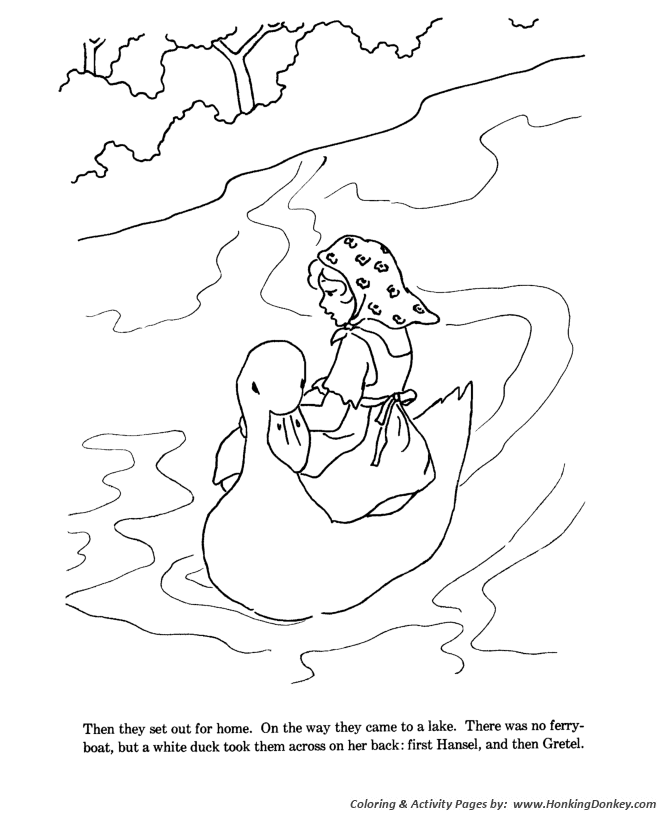 Hansel and Grettle cross the lake on a giant duck coloring pages