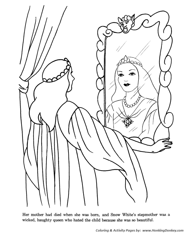 Princess Snow White and the Seven Dwarfs Coloring pages | Snow White's evil stepmother queen hated her