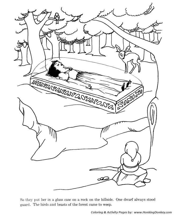 The dwarfs put Snow White in a glass case and stood guard - Snow White Princess Coloring pages