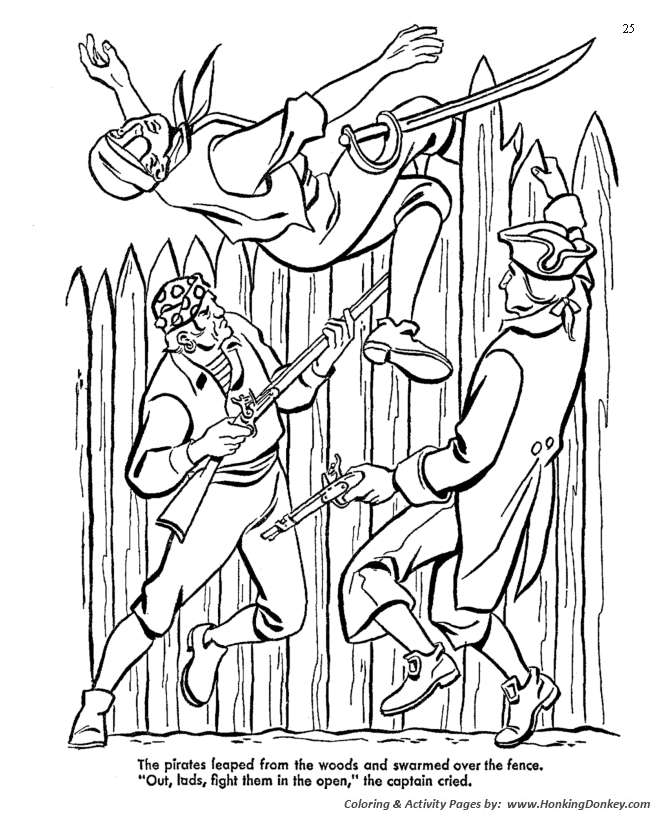 Treasure Island adventure story coloring page | Pirates and Long John Silver attack the stockade