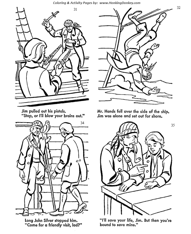 Treasure Island - Pirate Coloring pages | Israel Hands tries to kill Jim Hawkins