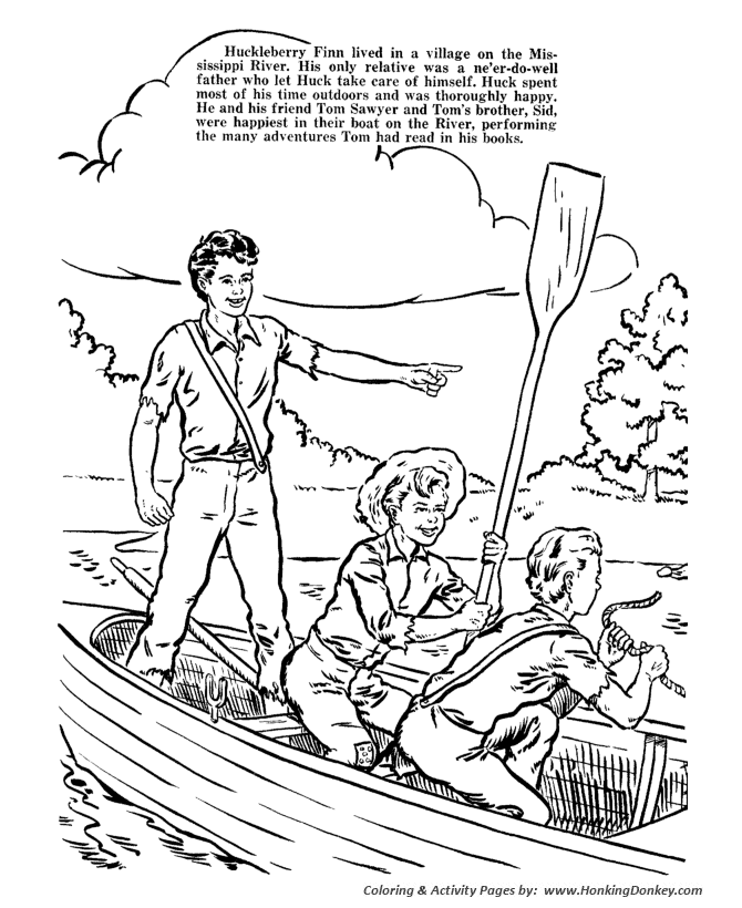Huckleberry Finn Coloring pages | Huck and Tom Sawyer, and Tom's brother go fishing