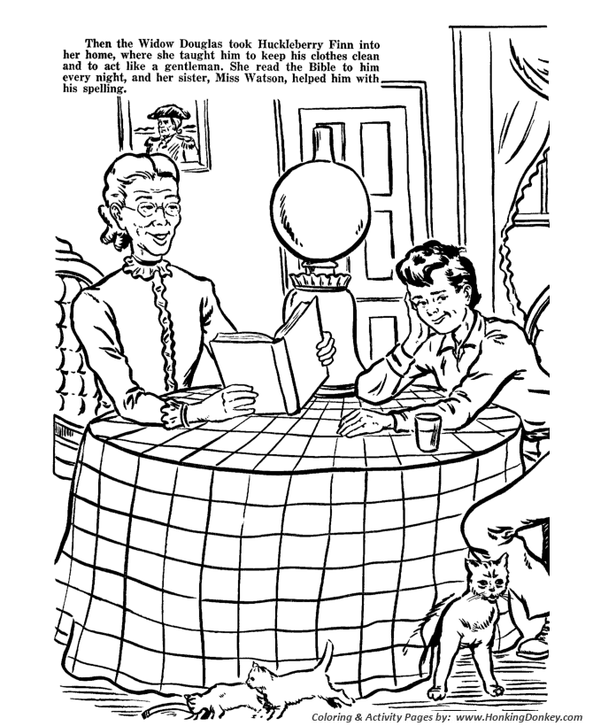 Huckleberry Finn Coloring pages | Widow Douglas took Huck in to make him civilized