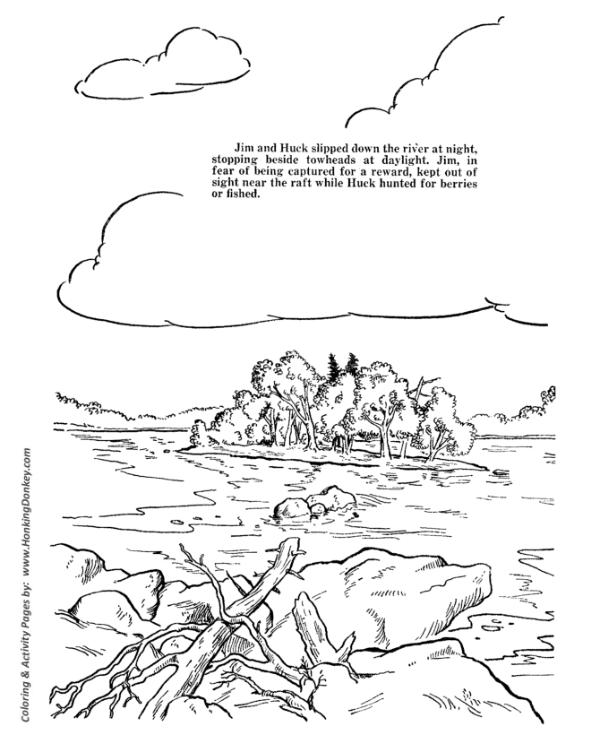 Huckleberry Finn Coloring pages | Jim and Huck floated down stream at night to avoid discovery